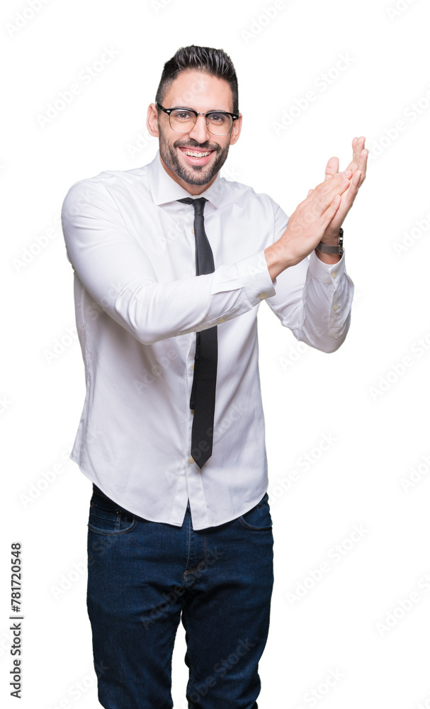 Young handsome business man wearing glasses over isolated background Clapping and applauding happy and joyful, smiling proud hands together Young handsome business man wearing glasses over isolated background Clapping and applauding happy and joyful, smiling proud hands together