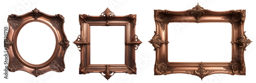 Conjunto de Molduras de cobre envelhecido em formato redondo, quadrado e retangular. Molduras de espelhos de cobre vintage, porta retrato isolado em fundo transparente photo