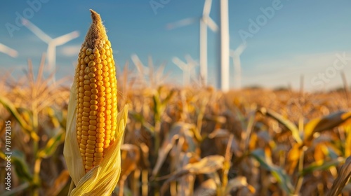 In the foreground a closeup of a single corn stalk captures the intricate details and natural beauty of this crop. Yet in the background several wind turbines stand tall representing .