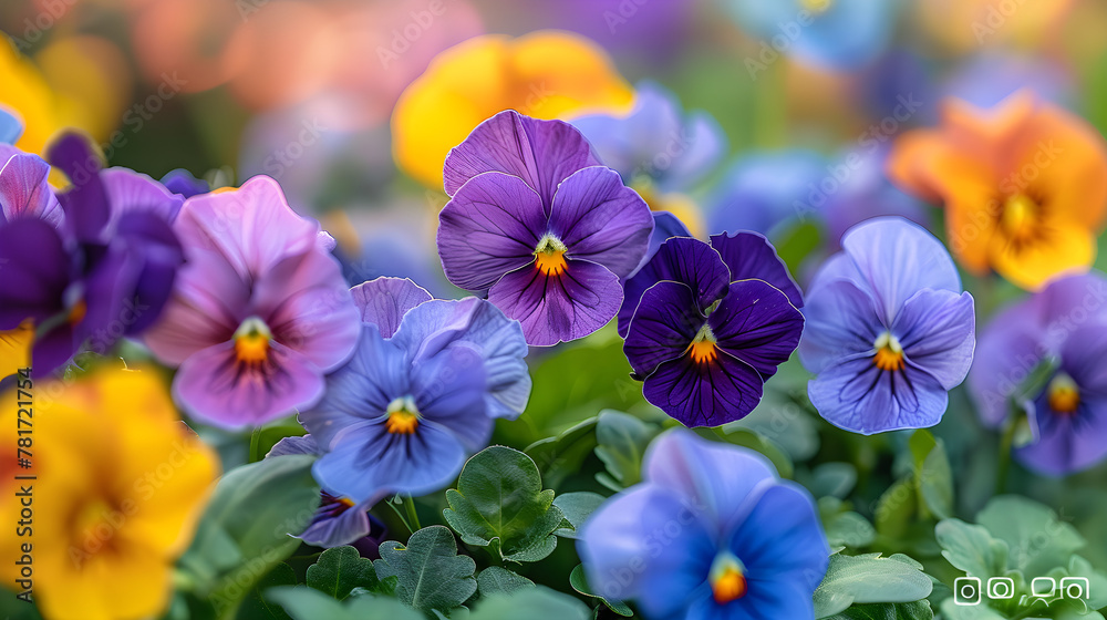 Flowering beautiful pansies in garden close-up, summer natural banner with pansy flowers
