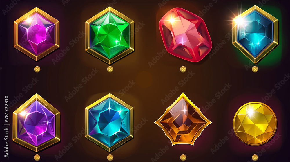 Gem set icons on dark background isolation, Illustration Gem set icons on dark background isolation, Illustration