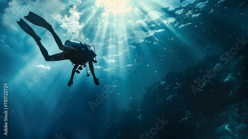 A man is diving underwater with a scuba tank. The water is blue and the sun is shining photo