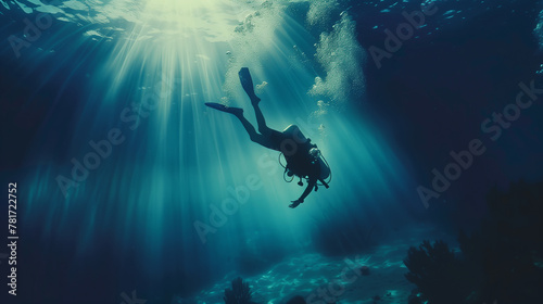A man is diving underwater with a scuba tank. The water is blue and the sun is shining