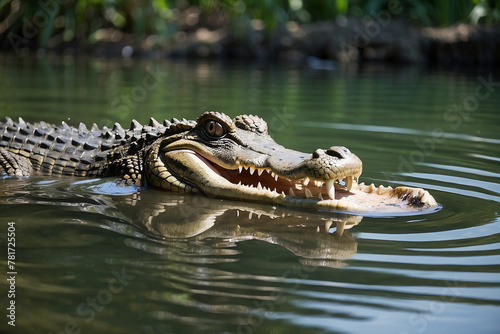 crocodile in the water, opening his mouth 