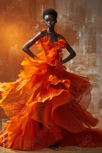 Elegant Woman in Vibrant Orange Ruffle Gown Posing Elegantly