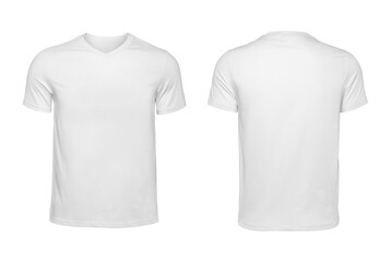 Blank v-neck shirt mock up template, front and back view, isolated on white, plain t-shirt mockup. V Neck tee design presentation for print.