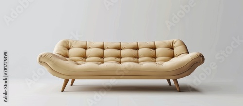 Close-up view of a comfortable couch featuring a smooth beige leather upholstery, inviting relaxation and comfort
