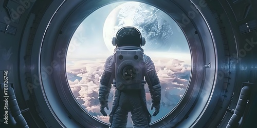 Astronaut in Space Suit Standing Against Galactic Background photo