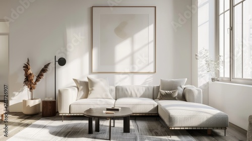 mock poster frame with modern interior background , living room , Scandinavian style , 3D render. © Hendry