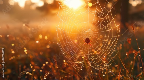 Under a warm sunrise, a golden orb-weaver spider rests on its delicate web, glistening with morning dew. photo