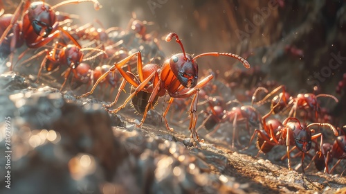 Swarming fire ants navigate their rugged terrain, bathed in the golden glow of the morning sun. © HappyFarmDesign