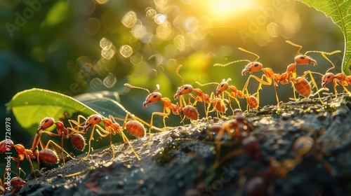 Navigating their rugged terrain, swarming fire ants are bathed in the golden glow of the morning sun. photo