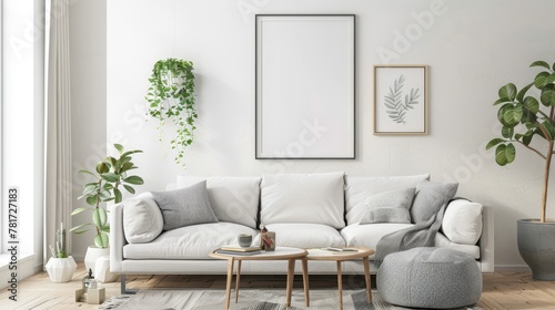 mock poster frame with modern interior background , living room , Scandinavian style , 3D render. © Hendry