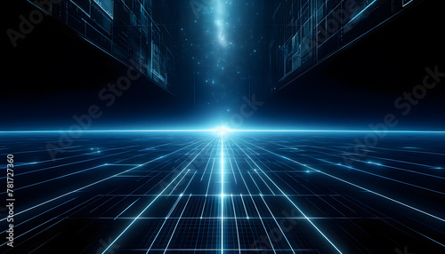 A perspective view of a digital grid on a floor that extends towards a horizon beneath a dark digital sky.