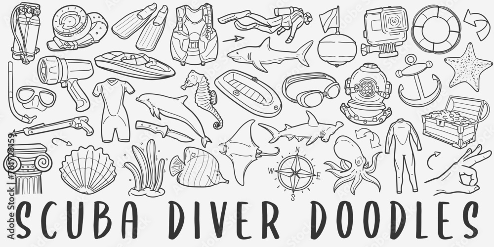 Scuba doodle icon set. Water Sports Vector illustration collection. Diving Banner Hand drawn Line art style.