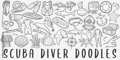 Scuba doodle icon set. Water Sports Vector illustration collection. Diving Banner Hand drawn Line art style.