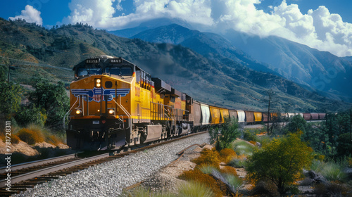 A bright yellow freight train travels along tracks in a scenic, mountainous landscape under a cloudy sky.