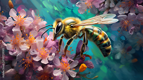 Queen bee is collecting honey from natural flowers in the mountains