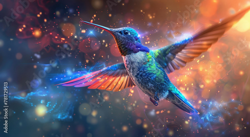 A beautiful hummingbird made of colorful light, flying in space