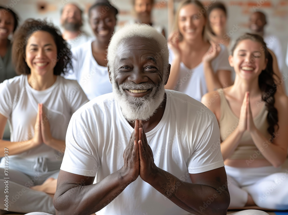 A diverse group of people, including an elderly man with white hair and beard in his late fifties smiling at the camera while doing a yoga pose