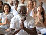 A diverse group of people, including an elderly man with white hair and beard in his late fifties smiling at the camera while doing a yoga pose