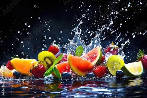 mix fruit slice with water splash  dynamic composition of flying fruit segments with water splash.