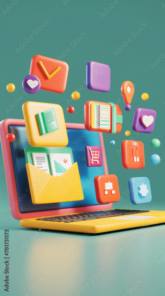 A 3D laptop icon with a vibrant screen displaying an e-learning platform A 3D laptop icon with a vibrant screen displaying an e-learning platform
