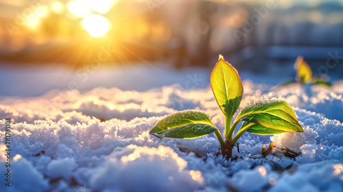 Green plant growing under melting snow at sunrise, end of Winter © pasakorn
