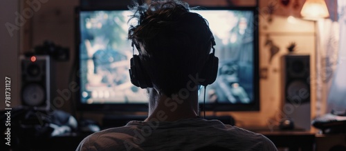 An individual seated in front of a television set, engrossed in a video game while wearing headphones for immersive audio experience