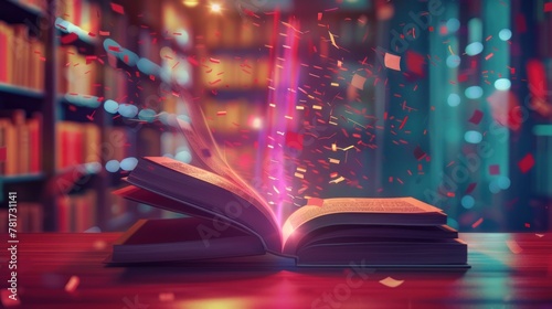 Obraz na płótnie Bright 3D book icon with pages fluttering on a library background
