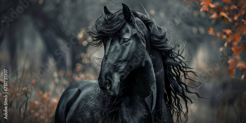 Equine Majesty Stunning Black Stallion in Autumn Woods © Laiba
