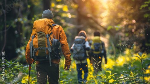 Group of hikers with backpacks trekking through a sunlit forest in the early morning.