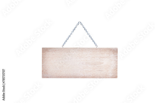 Wood sign with steel chain hanging isolated on white background , clipping path