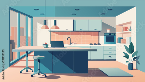A modern apartment with a multipurpose kitchen island that serves as a sleek and functional home office with builtin drawers for office