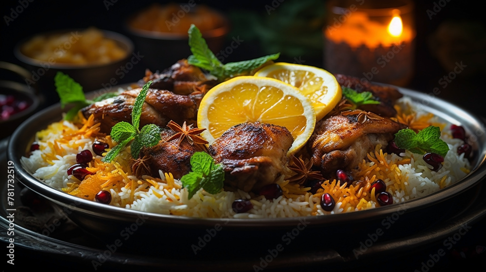 Wide photograph of delicious biriyani dish on a restaurant table in dark background Wide photograph of delicious biriyani dish on a restaurant table in dark background