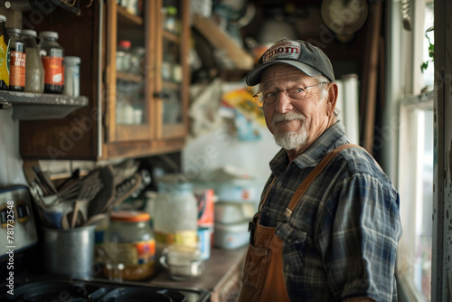 Elderly man with a warm smile standing in his well-used workshop filled with tools and jars.