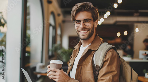 hombre con lentes sonriente en su oficina en su despacho con su café en la mano llegando a trabajar y listo para hacer negocios joven casual con mochila photo