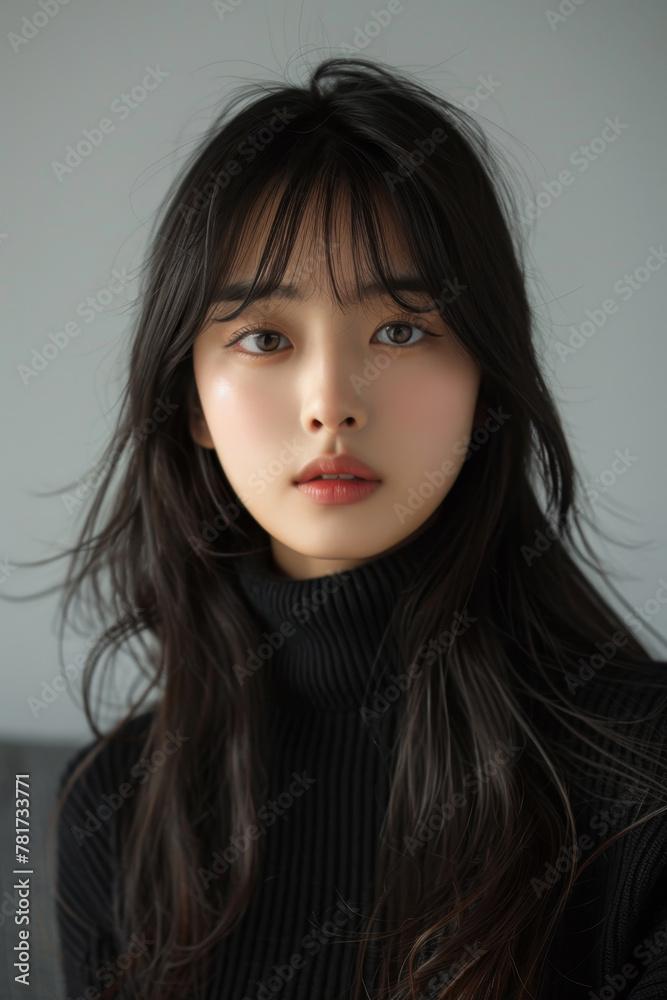 Serene Beauty in Black Turtleneck with Luminous Skin Serene Beauty in Black Turtleneck with Luminous Skin