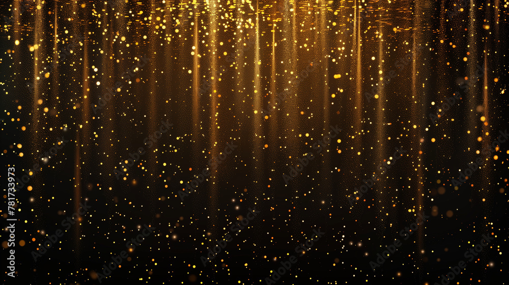 Black background with gold glitter falling on it, gold particles, vector illustration, flat design, high resolution, high detail, Defocused Lights, Glittering magenta gold confetti on black isolated.