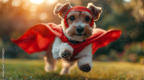 Adorable dog in red superhero cape and mask flying in the sky. Dog in red superhero cape and mask flying in the sky. Dog concept. Fun concept. Pet concept.