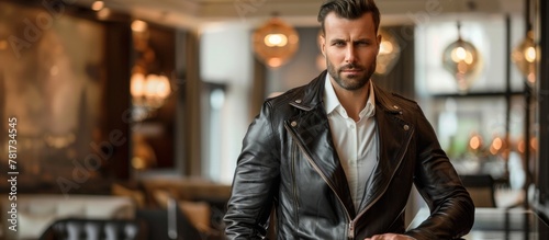 A man wearing a stylish leather jacket is standing confidently inside a trendy restaurant
