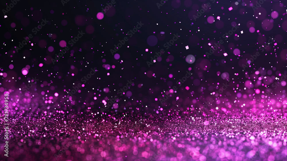 Fototapeta premium Black background with pink glitter falling on it, pink particles, vector illustration, flat design, high resolution, high detail, Defocused Lights, Glittering magenta confetti on black isolated. 