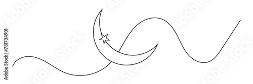 One continuous single line of Crescent moon for ramadhan isolated on white background. greeting card, banner, and poster concept. Minimalism design. Vector illustration