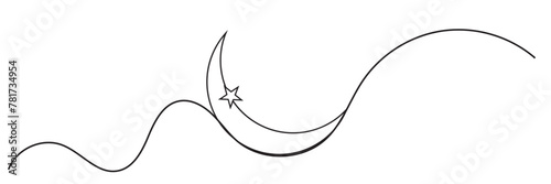 One continuous single line of Crescent moon for ramadhan isolated on white background. greeting card, banner, and poster concept. Minimalism design. Vector illustration