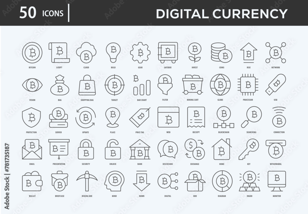 Digital Currency Icons Collection For Business, Marketing, Promotion In Your Project. Easy To Use, Transparent Background, Easy To Edit And Simple Vector Icons