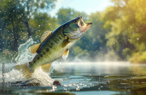 A large mouth bass jumping out of the water photo