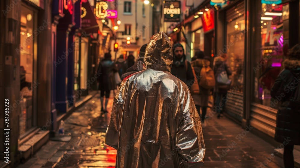 A person wrapped in a metallic trench coat stands at the edge of the alley augmented eyes scanning the crowded street for any . . A person wrapped in a metallic trench coat stands at the edge of the alley augmented eyes scanning the crowded street for any . .