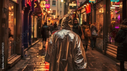 A person wrapped in a metallic trench coat stands at the edge of the alley augmented eyes scanning the crowded street for any . .