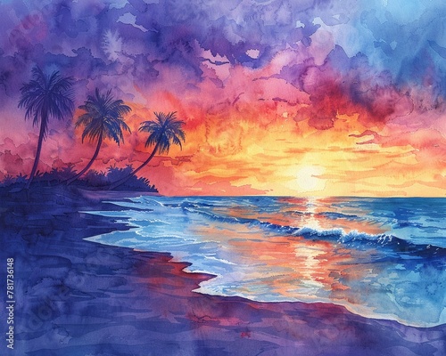 A vibrant watercolor landscape of a serene beach at sunset  with palm trees swaying gently in the breeze and waves crashing on the shore  full frame