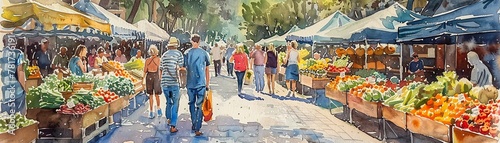 A watercolor depiction of a bustling farmers market on a sunny morning, with stalls of fresh produce, flowers, homemade goods, and people mingling and shopping